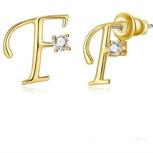 14k gold plated letter F stud earrings with cubic zirconia